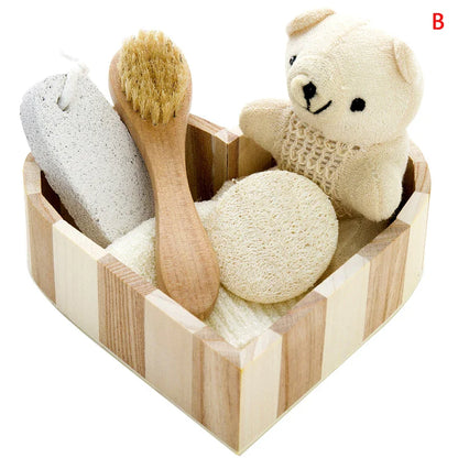 Spa Heart-Shaped Gift Box – Bathing Skin Cleaning Kit for Women with Sisal Bath Flower, Back Scrubber Gloves & Massager