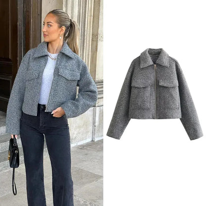 TRAF Women’s Autumn Winter Cropped Tweed Jacket – Short Zip Coat, Demi-Season Outerwear