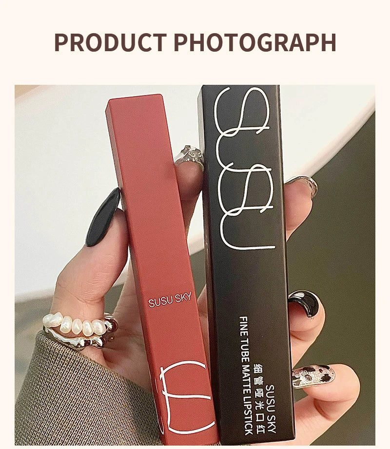 TX010 Thin Tube Matte Lipstick – Waterproof, Sweatproof, Long-Lasting Lip & Cheek Makeup