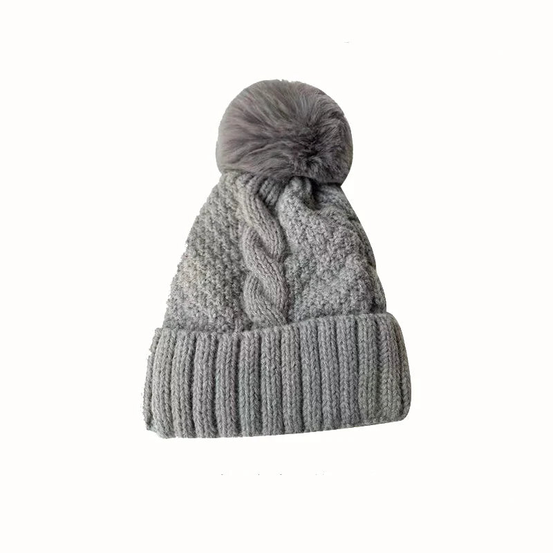 New Women’s Winter Twist Knit Hat – Thick Plush Beanie with Fur Pompom, Solid Color Ski Snow Skullies