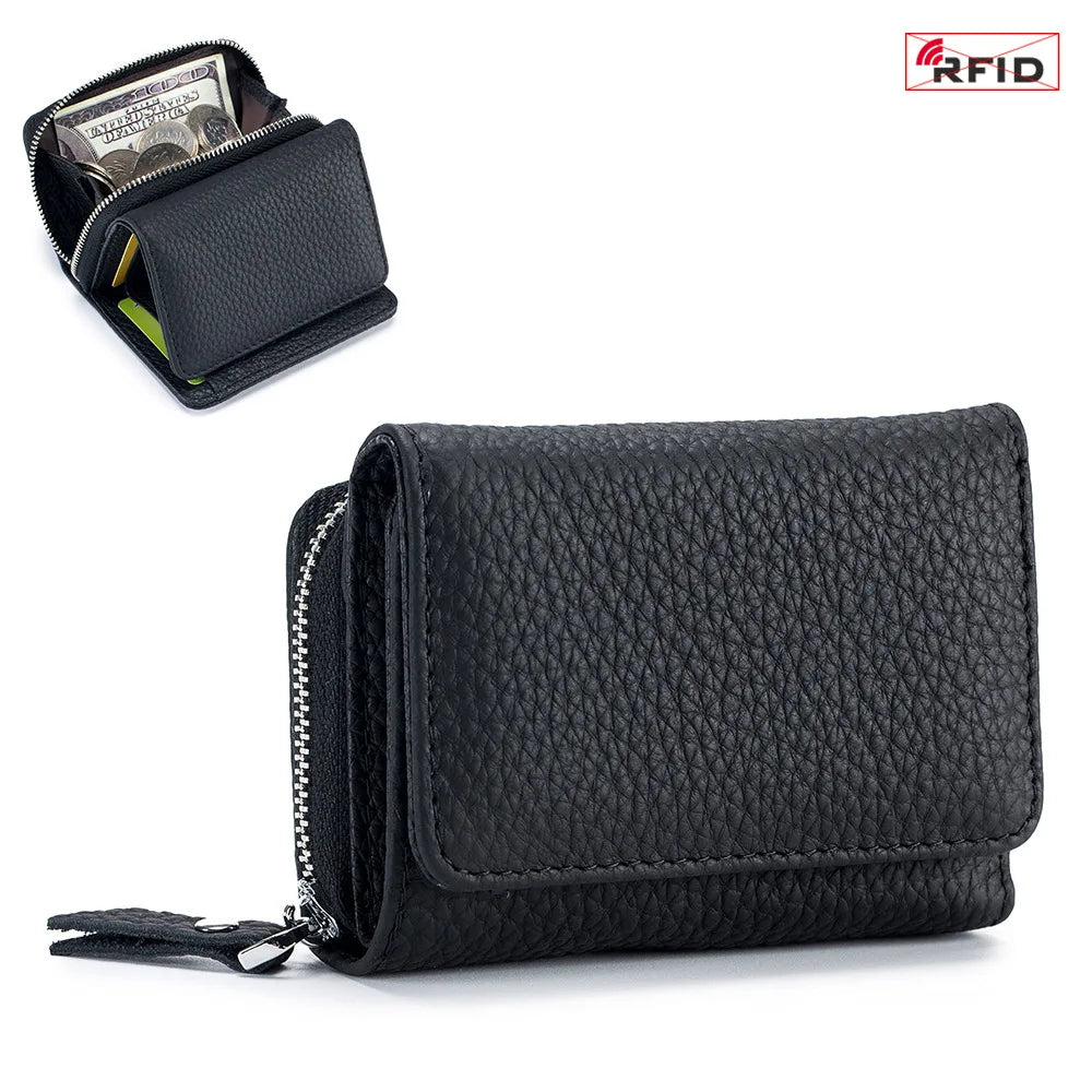 Genuine Leather Women’s Wallet — Small Zipper Coin Purse, Short Cowhide RFID Card & Money Holder, Perfect Gift for Women