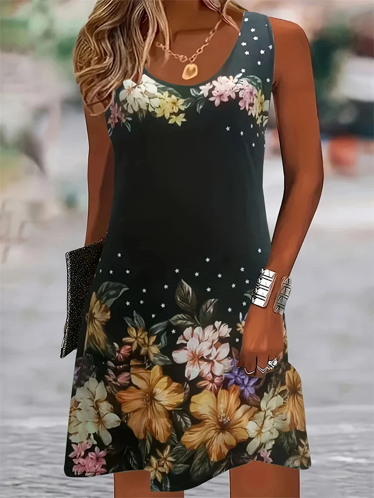2025 Summer Women’s Sleeveless Knee-Length Dress – Floral Printed Casual Beach Vacation Outfit