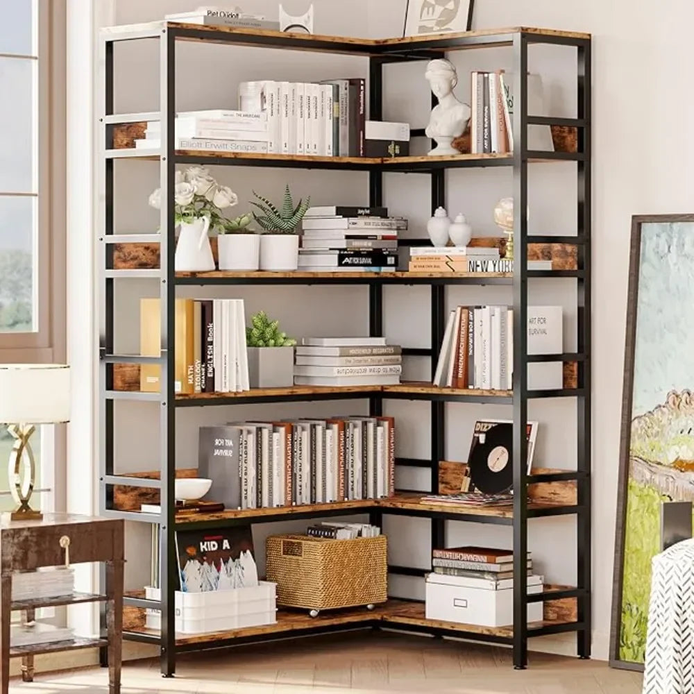 6 Tier Industrial Corner Bookshelves with Baffles - Metal Frame Shelf Storage Rack for Living Room & Home Office