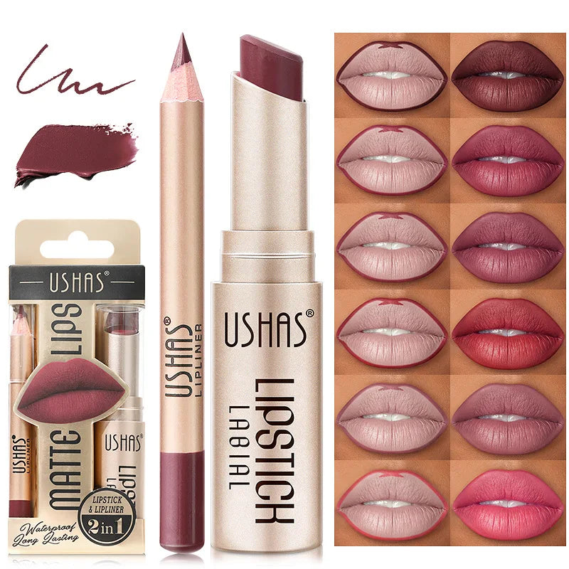 USHAS 12-Color Matte Lipstick & Lip Liner Set – Long-Lasting, Waterproof, Non-Stick Easy Coloring Lip Makeup Kit