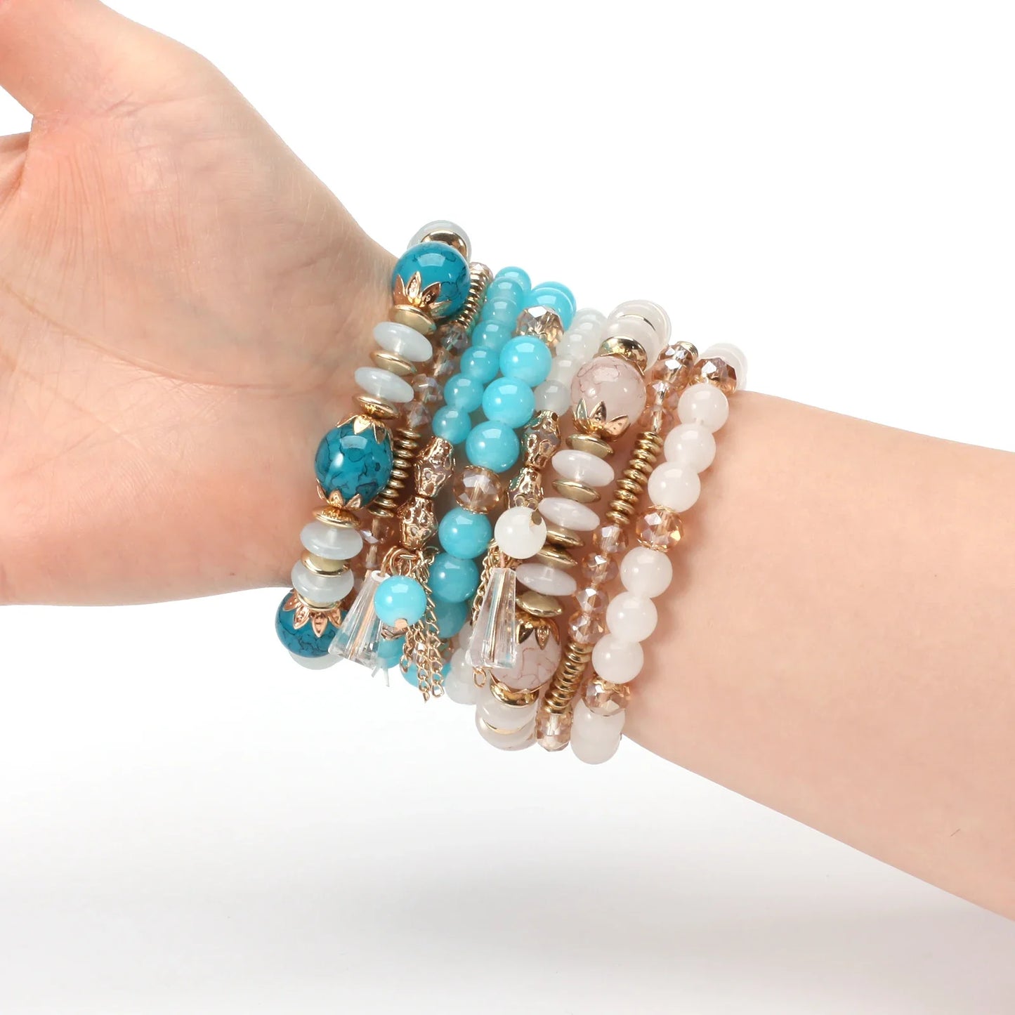 Bohemian Stackable Bead Bracelets for Women - Multilayered Pendant Charm Stretch Bangles