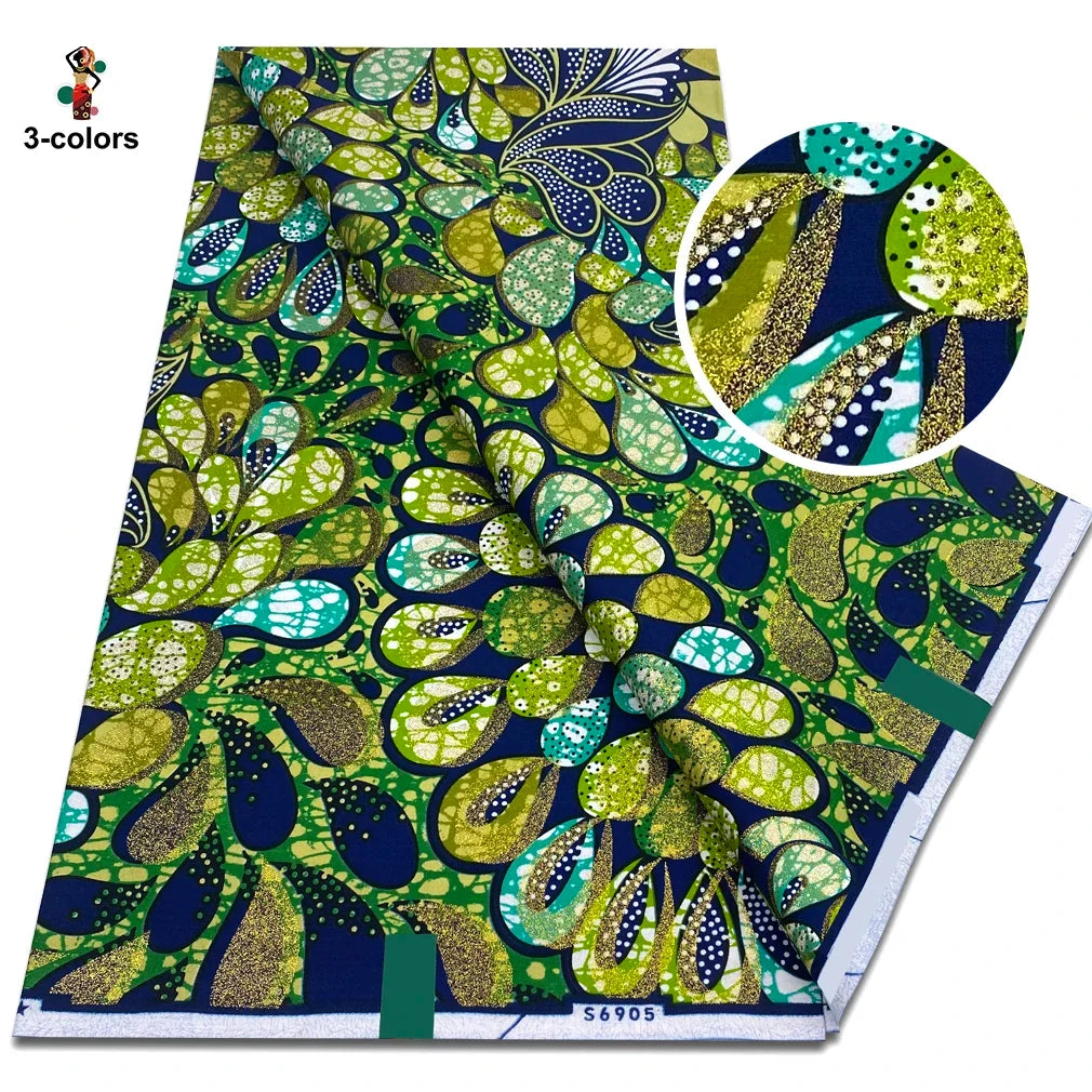 2026 African Glitter Glam Wax Fabric - 100% Cotton Golden Ankara Print 6 Yards