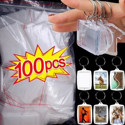 Clear Acrylic Photo Frame Keychains – Blank Rectangle Keyrings for Double-Sided Photos, DIY Supplies (5-100PCS)