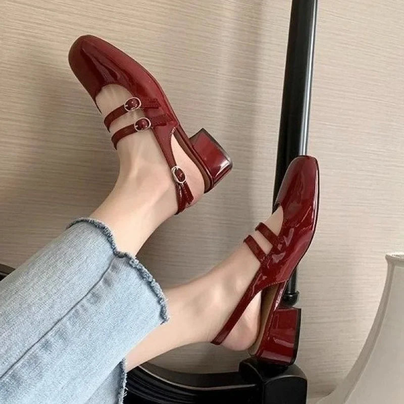 2025 Women’s Burgundy Mary Jane Shoes – Square-Toe Patent Leather Chunky Heel with Double Buckle