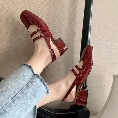 2025 Women’s Burgundy Mary Jane Shoes – Square-Toe Patent Leather Chunky Heel with Double Buckle