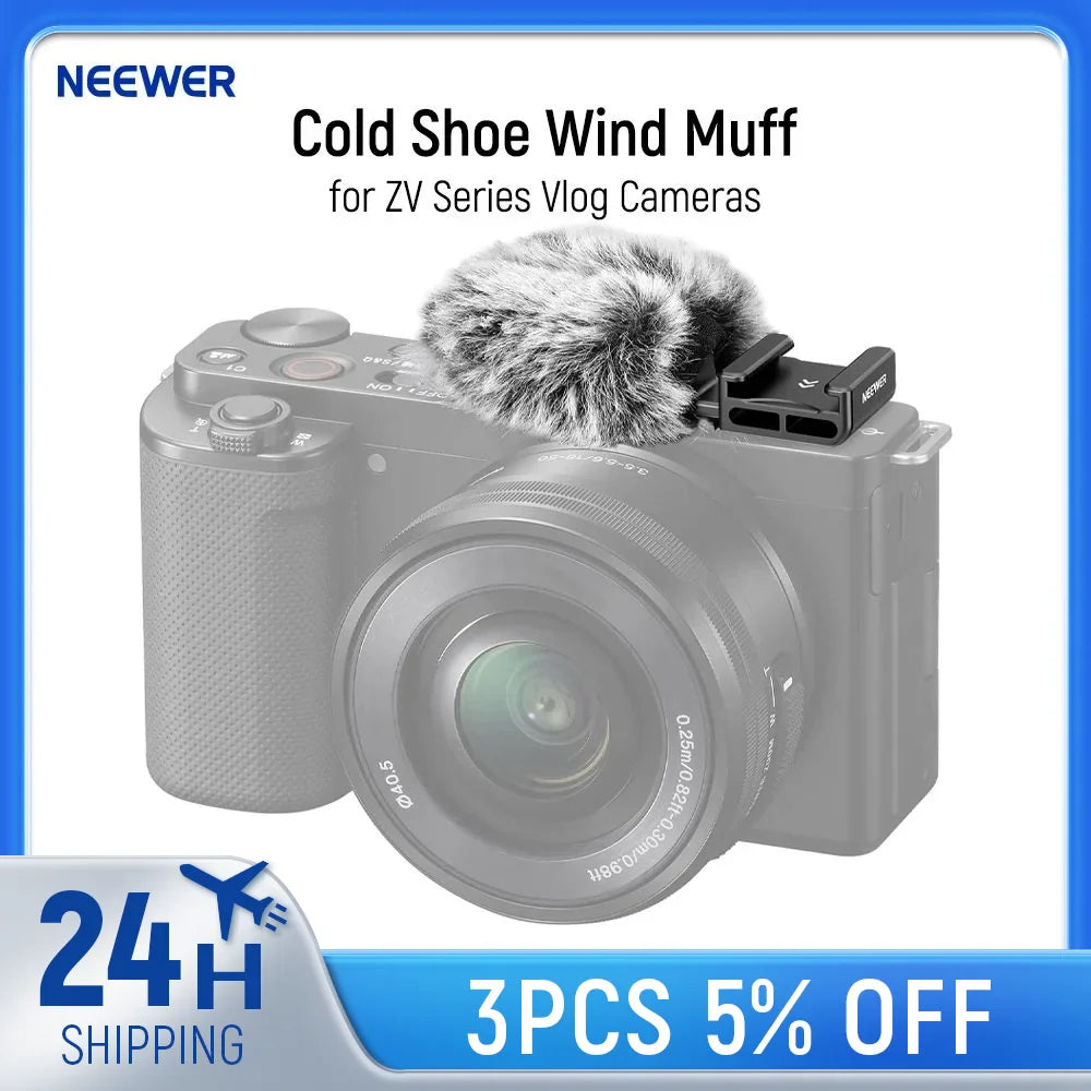 Neewer Cold Shoe Wind Muff – Furry Microphone Windscreen for ZV Series Vlog Cameras with Mount Adapter