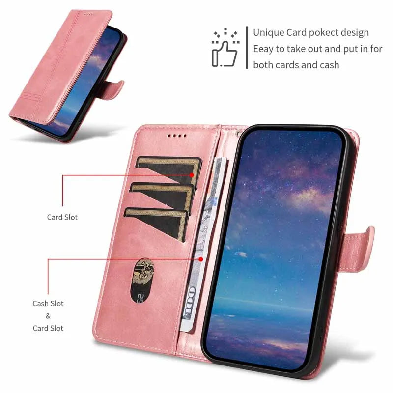 Leather Flip Wallet Case for Motorola Moto G & E Series (G13–G85, E13–E14) – Card Holder Stand Book Cover