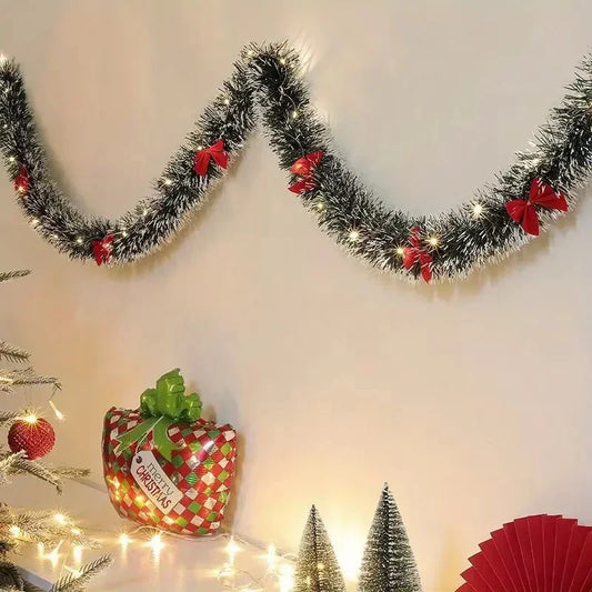 2M Christmas Tinsel Garland with LED Lights – Metallic Twist Artificial Xmas Hanging Decoration