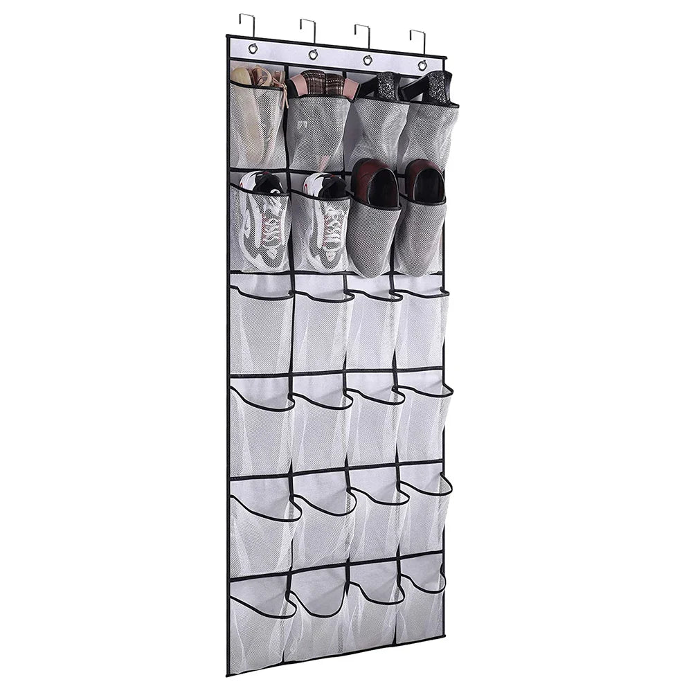 24-Pocket Clear-View Hanging Shoe Organizer with 4 Metal Hooks — Over-the-Door Wall Storage Bag