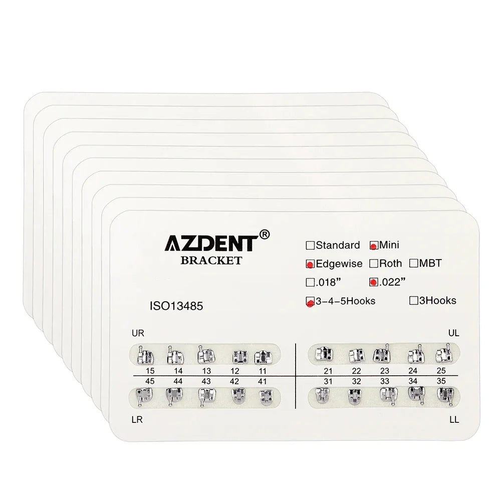 AZDENT 10 Packs Dental Brackets – Orthodontic Metal Mini Standard Roth MBT Slot 0.022/0.018 with Hooks, 20 Pcs per Pack