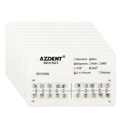 AZDENT 10 Packs Dental Brackets – Orthodontic Metal Mini Standard Roth MBT Slot 0.022/0.018 with Hooks, 20 Pcs per Pack