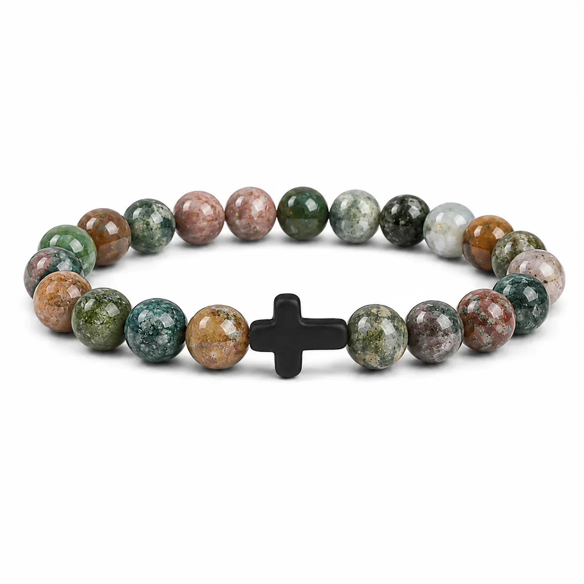 Natural Stone & Wood Bead Rosary Bracelet - Hematite Cross Meditation & Yoga Jewelry for Men & Women