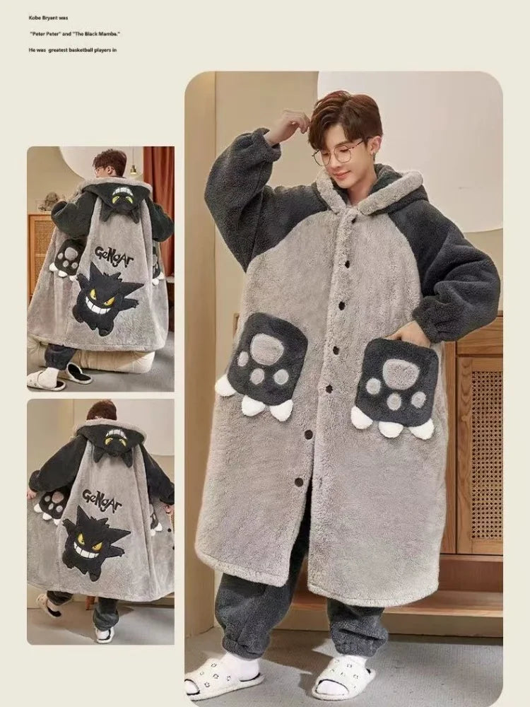 Gengar Pokemon Pajamas Set — Men’s Large Winter Coral Fleece Hooded Nightgown, Thick Warm Anime Home Suit
