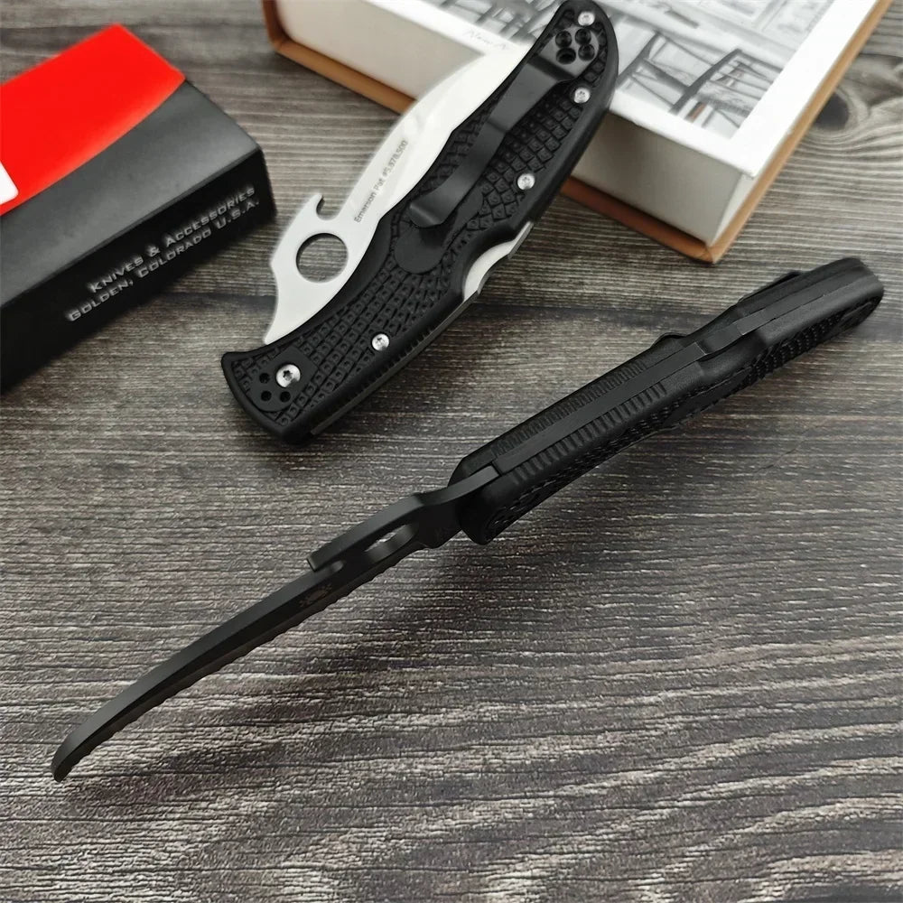 C12S Tactical Folding Pocket Knife – D2 Blade with Nylon Fiber Handle, Outdoor Hunting Utility Knife with Back Lock
