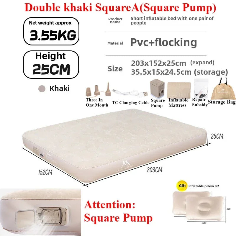 MOUNTAINHIKER 2025 Inflatable Air Mattress – PVC Glamping Sleeping Mat with Built-in Pump for 1-3 Persons