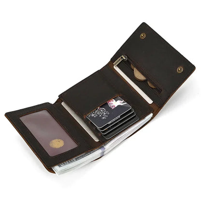 Men's Genuine Leather Short Wallet with Chain – Zipper Clutch, Trifold Purse, Card Holder & Coin Purse for Men
