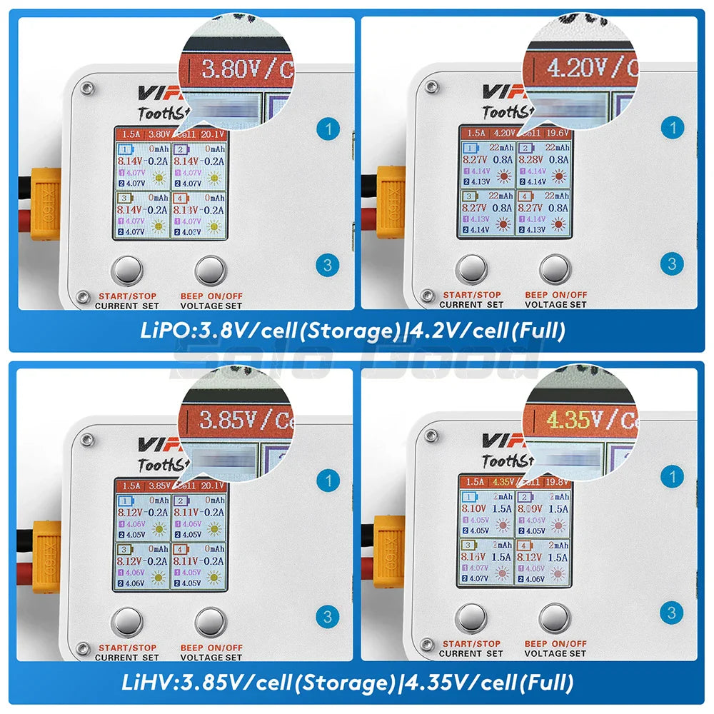 VIFLY ToothStor 4-Port 2S Balance Charger – LCD Display with Storage Mode for LiHV/LiPo RC FPV Racing Drone Batteries