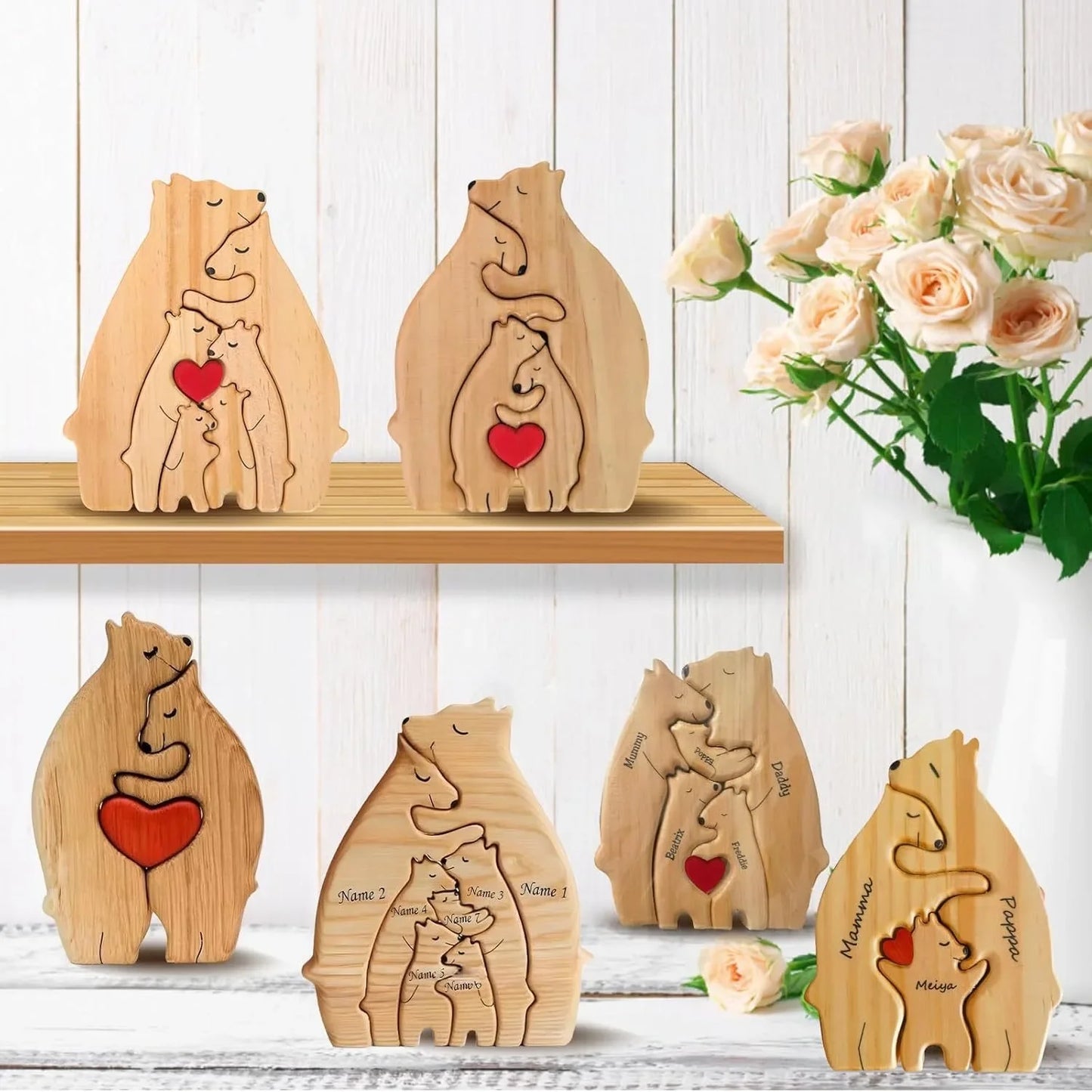 Personalized Wooden Bear Family Puzzle – Custom Name Home Decor, Thanksgiving & Christmas Gift for Mom & Baby