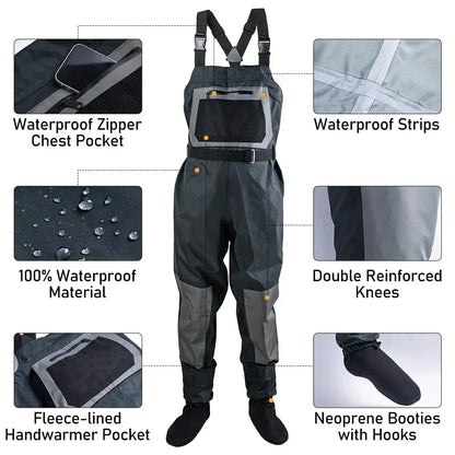 Goture 100% Waterproof Fly Fishing Waders – Breathable Chest Overalls in S, M, L, XL, XXL with Boots
