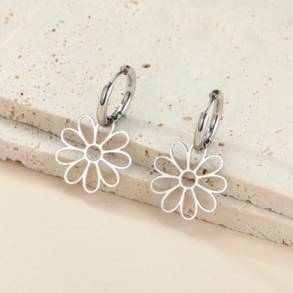 Nine Petal Flower Hoop Earrings - Stainless Steel Bohemian Hollow Pendant Jewelry Gift for Women