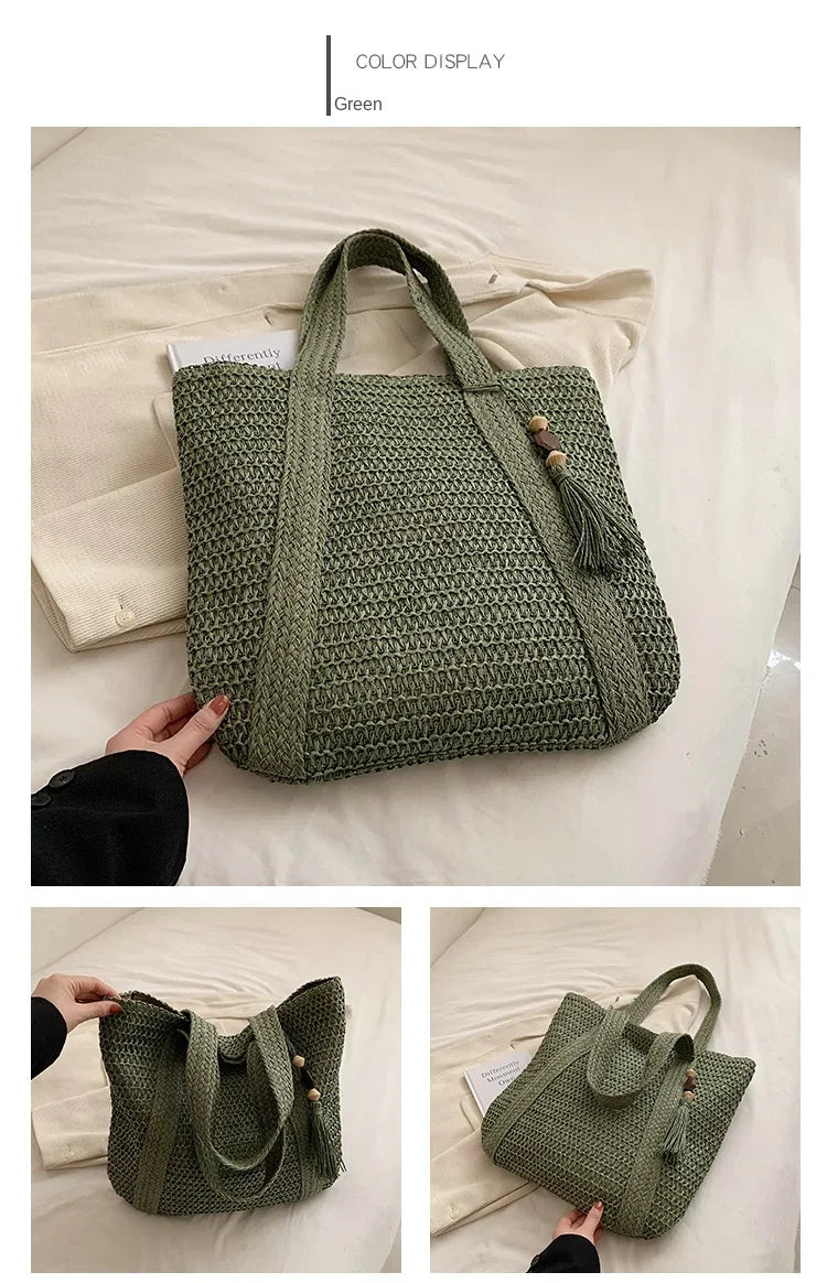 Elegant Straw Woven Handbag – Women’s Retro Beach & Casual Tote Top-Handle Shoulder Bag 2024