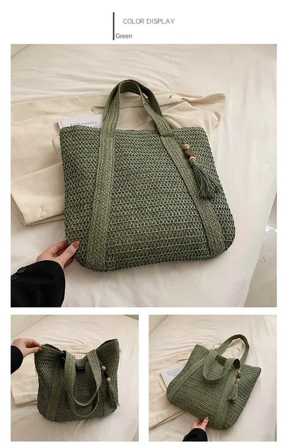 Elegant Straw Woven Handbag – Women’s Retro Beach & Casual Tote Top-Handle Shoulder Bag 2024