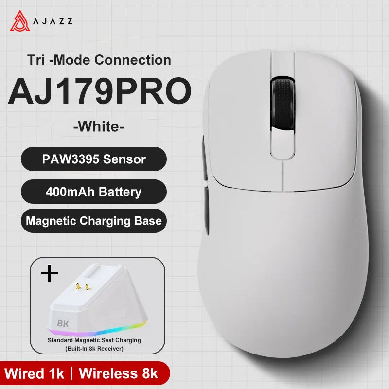 AJAZZ AJ179 PRO PAW3395 Gaming Mouse — Lightweight Wired & Wireless with Magnetic Charging Base, Ergonomic Macro Mouse for PC & Laptop