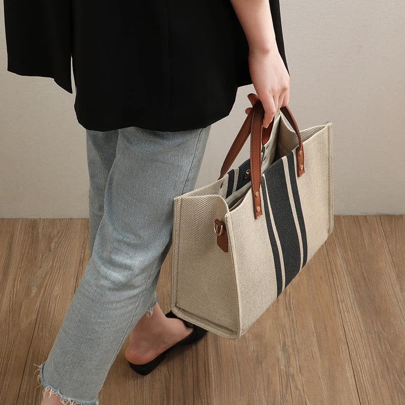 Stylish Canvas Bucket Handbag - Striped, Large Capacity Tote with Top Handle - Casual Shoulder & Crossbody Bag for Women
