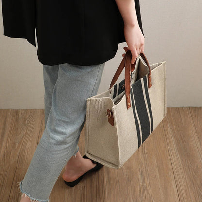 Stylish Canvas Bucket Handbag - Striped, Large Capacity Tote with Top Handle - Casual Shoulder & Crossbody Bag for Women