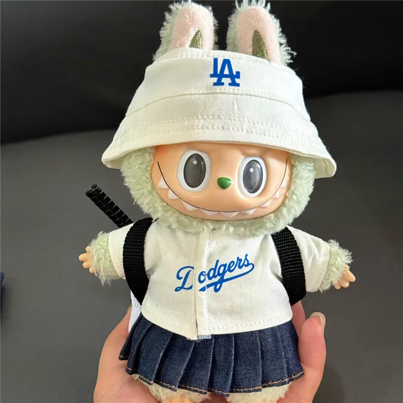 Labubu 15-17cm Doll Sports Outfit – LA Baseball & Trendy Tennis/Badminton Clothing, T-Shirt & Cargo Pants Set