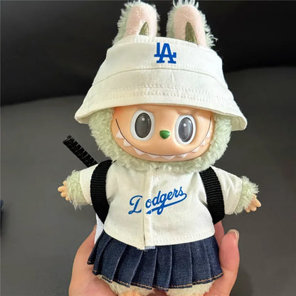 Labubu 15-17cm Doll Sports Outfit – LA Baseball & Trendy Tennis/Badminton Clothing, T-Shirt & Cargo Pants Set