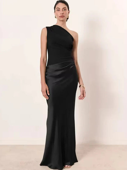 JULISSA MO Women’s Patchwork Satin Maxi Dress – Sexy One-Shoulder Brown Sleeveless Evening Party & Clubwear Dress