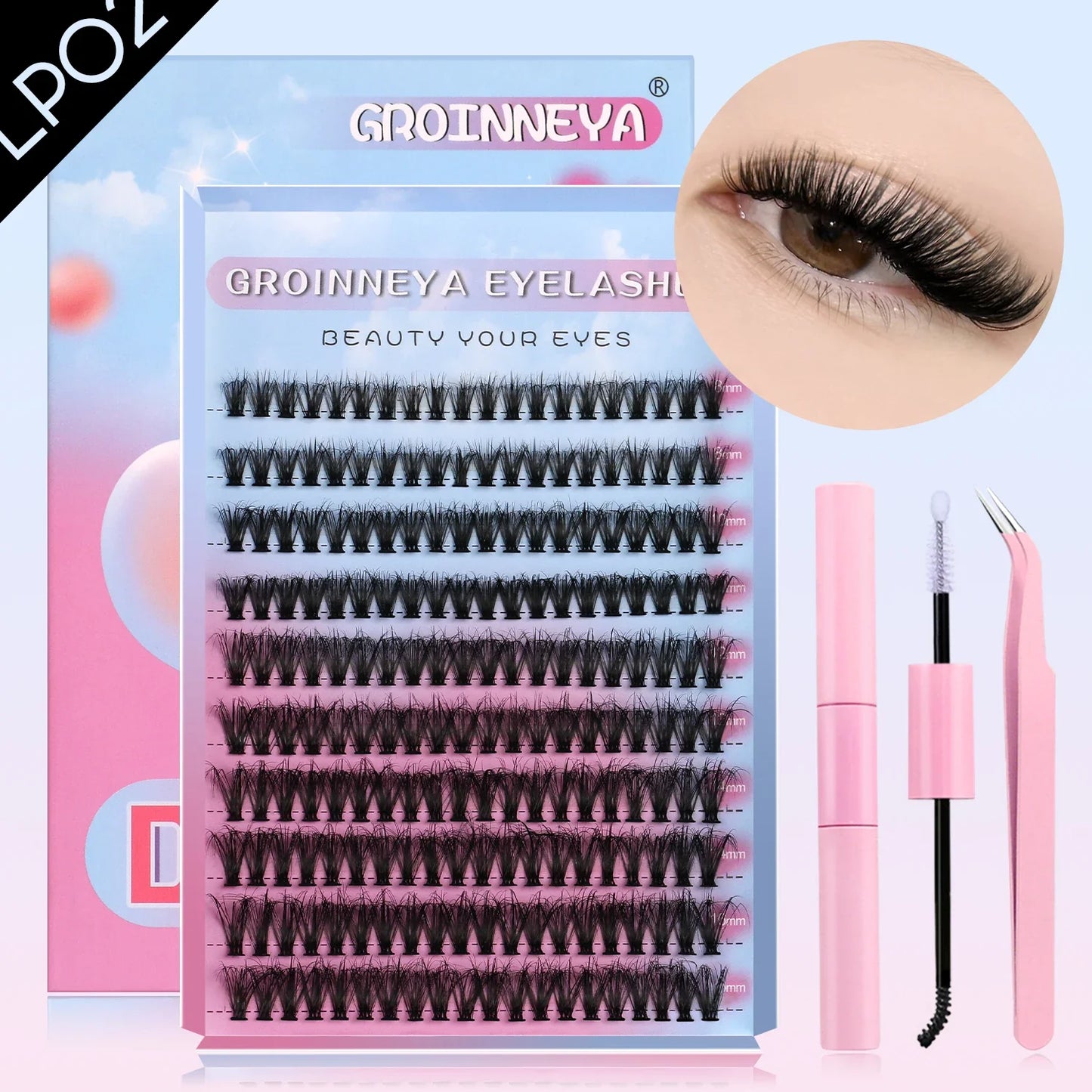 GROINNEYA DIY Mixed Lash Clusters Set – Fluffy Individual Lash Extensions Kit with Bond & Seal for At-Home Makeup