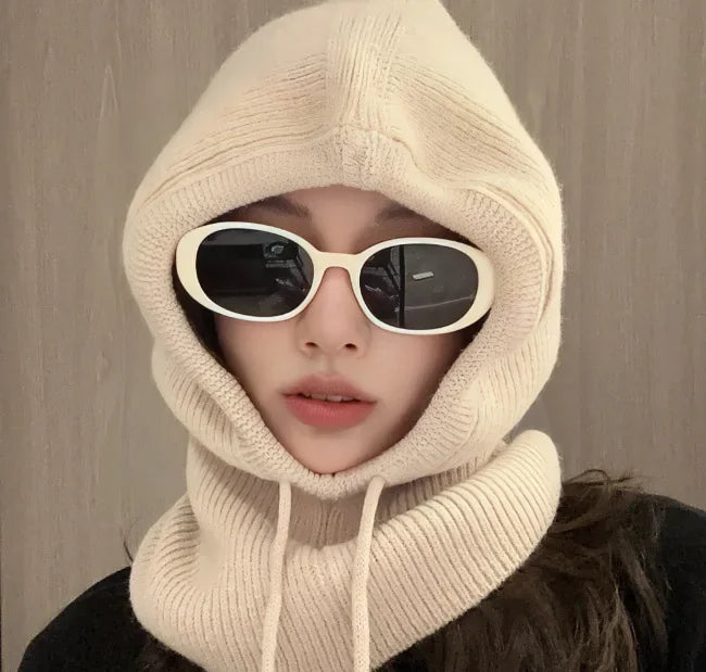 Knitted Hooded Balaclava Caps – Winter Korean Style Outdoor Warmer, One-Piece Neck Collar Beanie Hat for Women