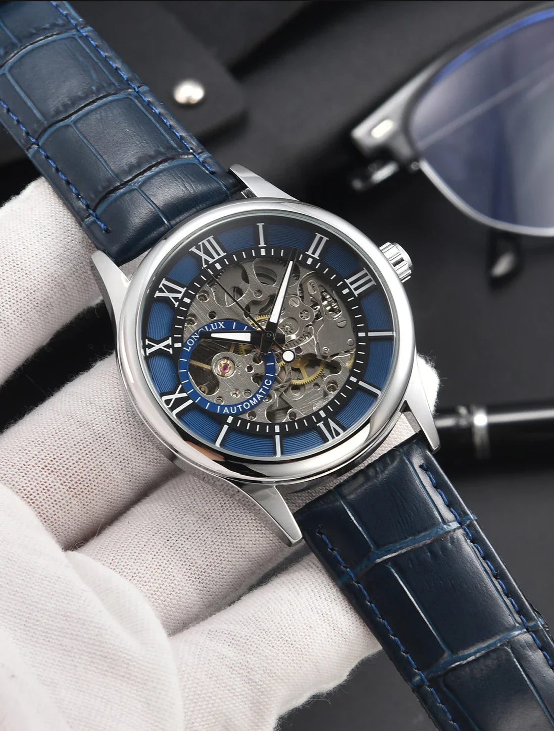 LONGLUX Rome Automatic Mechanical Waterproof Men’s Watch – Hollow Dial Leather Wristwatch Gift