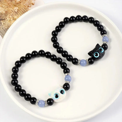 Couples Matching Luminous Cat Bracelets – Cute Black & White Cat Head Bead Friendship Bracelet for Men and Women