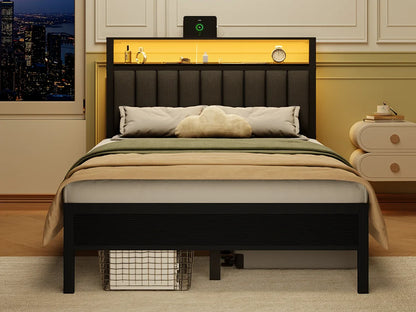Full/Queen LED Bed Frame – Platform Bed with Soft Cushioned Headboard and Built-In Charging Station