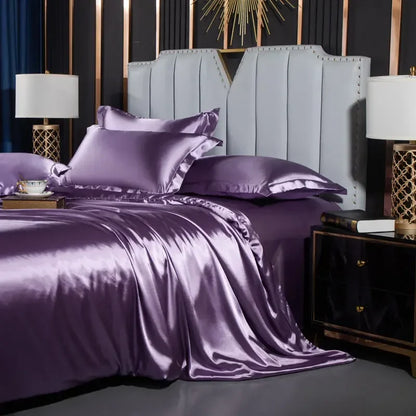 Nordic Silk Bedding Set With Duvet Cover - Luxury Solid Color Bed Sheet & Pillowcase Set For Single Double Couple Summer Bed Linen