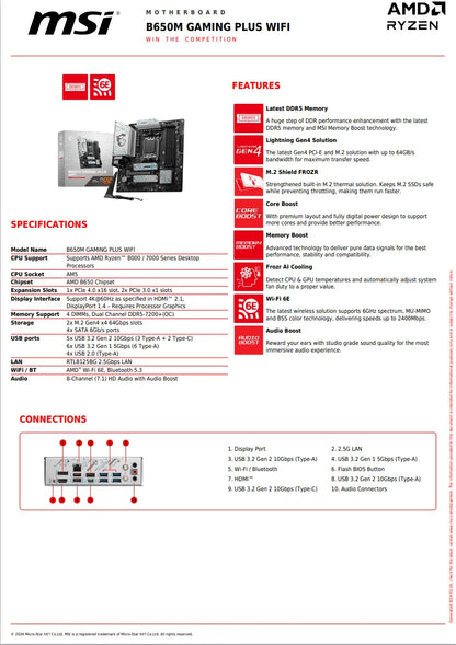 MSI B650M GAMING PLUS WIFI Motherboard - AMD B650, Supports DDR5 7200+MHz (OC), Ryzen 7000/8000 Series, AM5 Socket