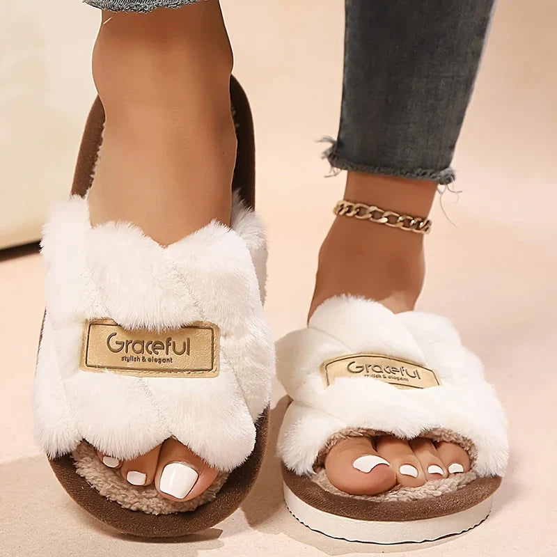 Women’s Plush Fuzzy Slippers - Warm Open-Toe Indoor EVA Home Slides