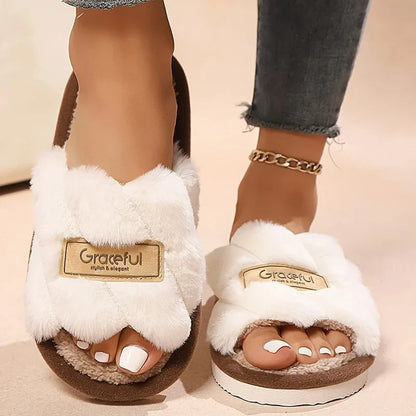 Women’s Plush Fuzzy Slippers - Warm Open-Toe Indoor EVA Home Slides