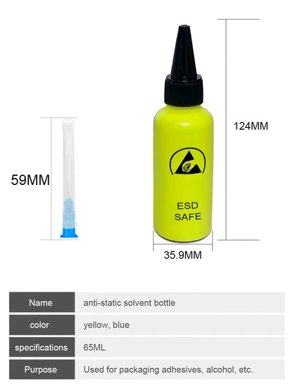65ML Anti-Static Solvent Dispensing Bottle – Leak-Proof Alcohol Rosin Water Bottle with Needle for Mobile Phone Repair
