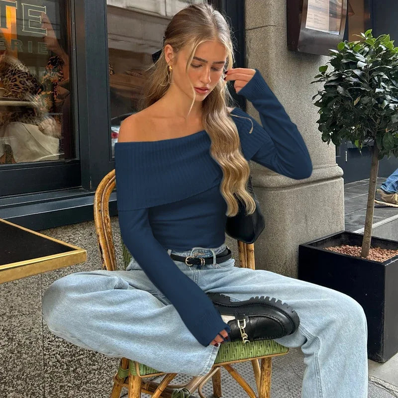 WhereMery Elegant Slash-Neck Ribbed Crop Top – Y2K Off-Shoulder Long Sleeve Camisole, Autumn Skinny French Style T-Shirt