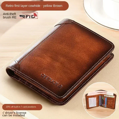 Genuine Leather Men’s Wallet – RFID Blocking Trifold, Vintage Thin ID & Credit Card Holder, Multi-Function Purse