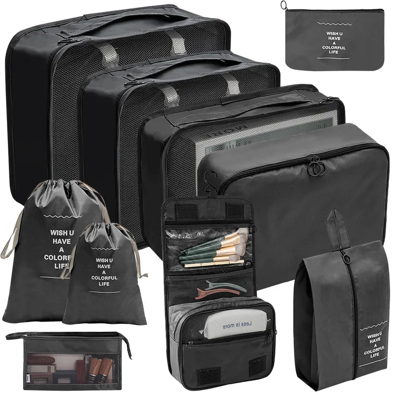7/8/9/10-Piece Travel Organizer Storage Bags Set - Portable Packing Cubes for Suitcase, Luggage, Clothes, Shoes, Tidy Pouches, Folding Design