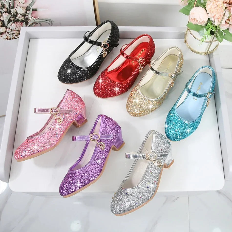 Girls Glitter Crystal High Heel Sandals - Buckle Princess Dance & Performance Shoes